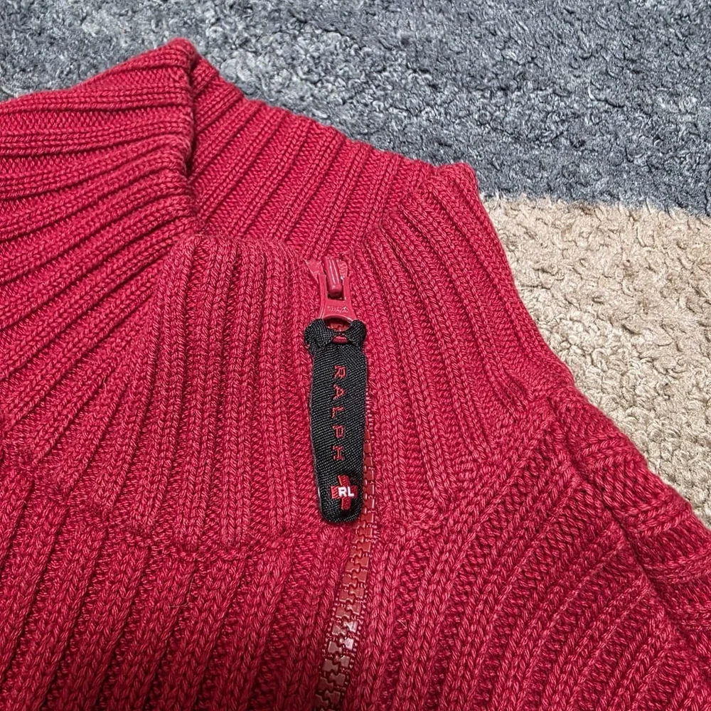 Ralph Lauren Women’s Red Ribbed Full Zip Mock Neck Knit Sweater Size M